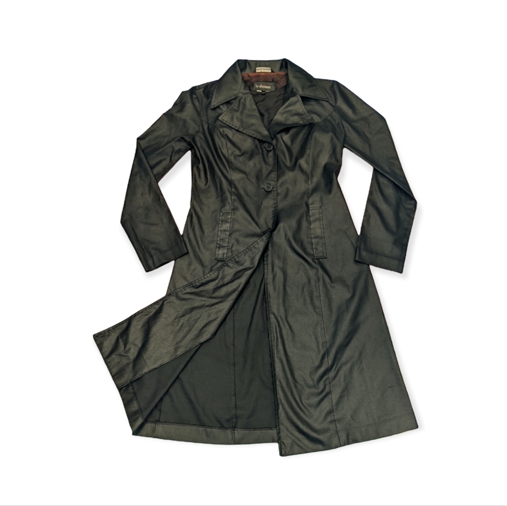 Le Château Black Wet Look Long Trench Coat 🇨🇦Made in Canada🇨🇦 Size S